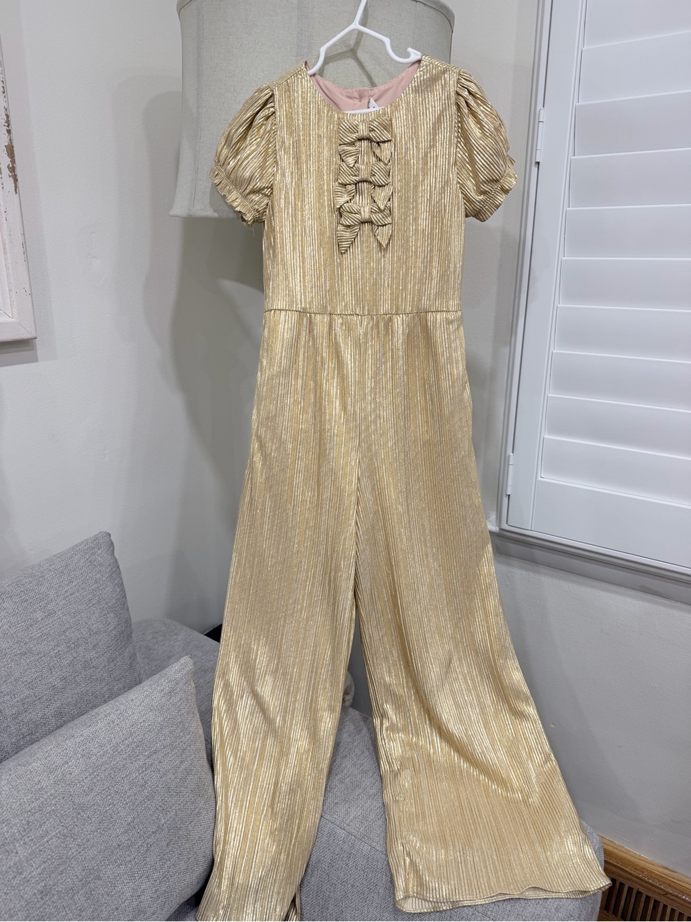 Janie and Jack Metallic Gold Pleated Jumpsuit with Pink Trim
